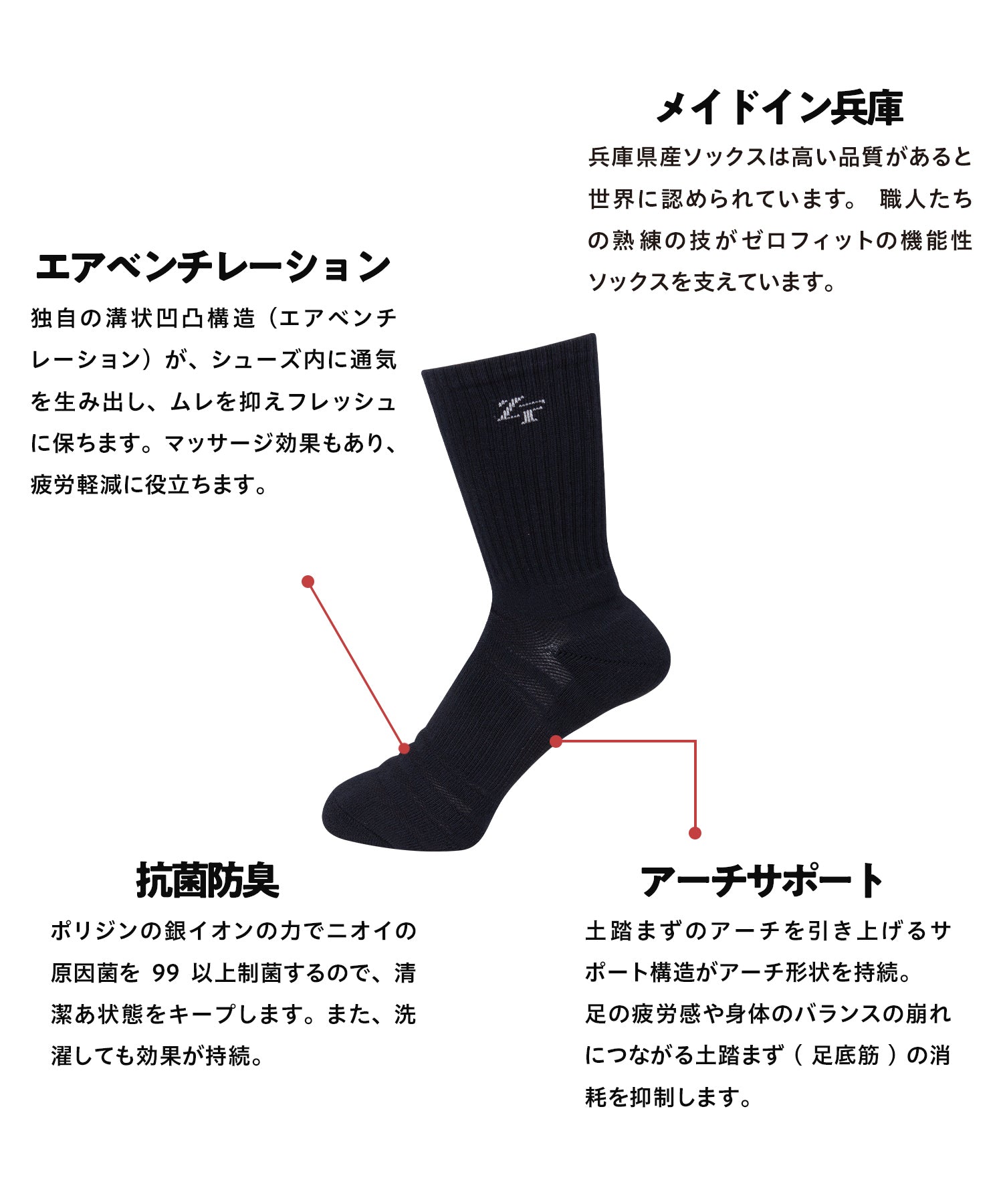 アンチバクテリア スポーツソックス ミドル2足セット